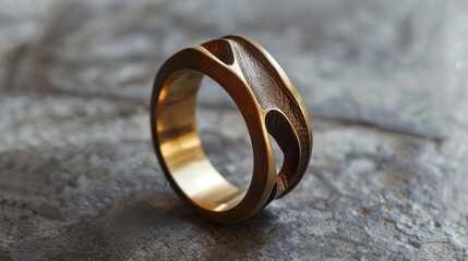 Wall Mural - A gold ring with a wood grain design sits on a stone surface. The ring has a unique and artistic appearance, with a curved band and a hole in the middle. The combination of gold