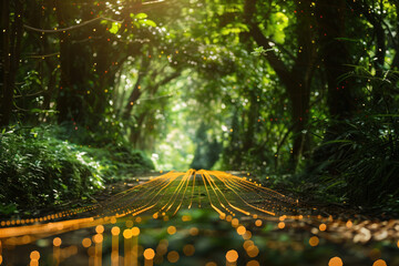 Poster - Lights on the road in a forest. Background image. Created with Generative AI technology.