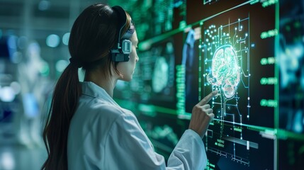 Poster - A woman wearing a white lab coat is pointing at a computer screen displaying a brain. Concept of scientific exploration and discovery