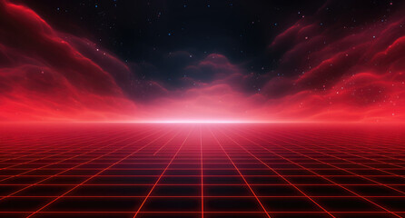 Wall Mural - Synthwave background. Dark Retro Futuristic backdrop with red perspective grid and sky full of stars. Horizon glow. Abstract Retrowave template. 80s Vaporwave style. Stock vector illustration