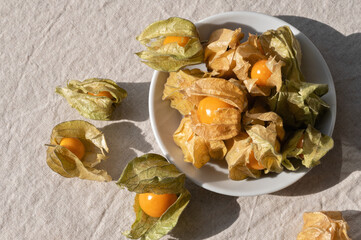 Wall Mural - Plate with physalis berries in shells on plate on tabletop with beige linen cloth background, natural bright sunlight and shadows, top view, lifestyle