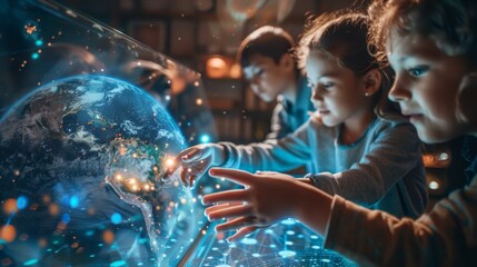 Poster - Three children are looking at a computer screen with a planet on it. They are reaching out to touch the planet