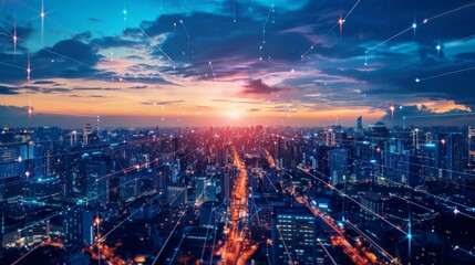 Poster - Twilight Over a Bustling Metropolis With Glowing AI Networks