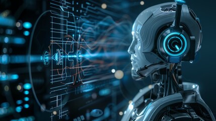 Leinwandbilder - Robot Wearing Headphones Engaged With Screen