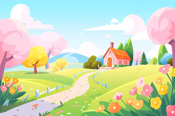 Wall Mural - Beautiful spring outdoor landscape cartoon illustration, Beginning of Spring concept illustration background