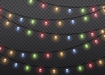 Garlands decorations. Colorful glow light lamp on wire strings isolated transparent background. Christmas lights isolated realistic design elements. Christmas glowing garland.