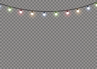Wall Mural - garlands decorations. colorful glow light lamp on wire strings isolated transparent background. chri