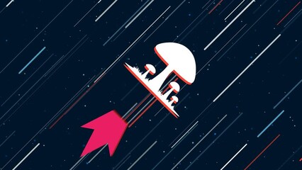 Poster - Mushrooms symbol flies through the universe on a jet propulsion. The symbol in the center is shaking due to high speed. Seamless looped 4k animation on dark blue background with stars