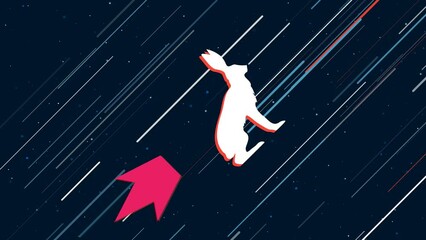 Poster - Hare symbol flies through the universe on a jet propulsion. The symbol in the center is shaking due to high speed. Seamless looped 4k animation on dark blue background with stars