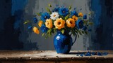 Fototapeta Uliczki - royal blue theme still life flowers on table abstract oil pallet knife paint painting on canvas large brush strokes art illustration background from Generative AI