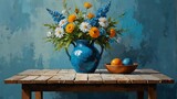 Fototapeta Uliczki - sky blue theme still life flowers on table abstract oil pallet knife paint painting on canvas large brush strokes art illustration background from Generative AI