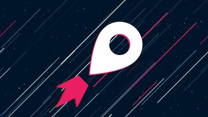 Poster - Location symbol flies through the universe on a jet propulsion. The symbol in the center is shaking due to high speed. Seamless looped 4k animation on dark blue background with stars