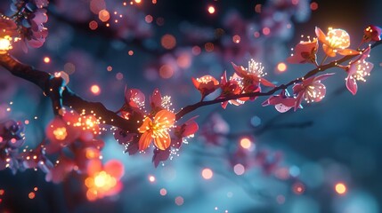 Wall Mural - branch with sakura flowers, abstract neon background.