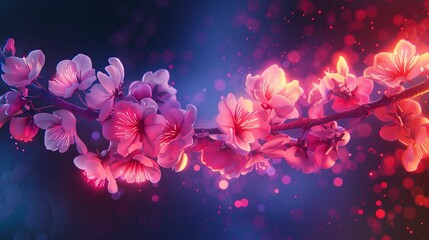 Wall Mural - branch with sakura flowers, abstract neon background.
