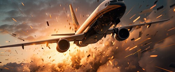 Wall Mural - Amidst a flurry of explosions and sparks, the airplane undergoes a catastrophic disintegration during its flight, sending debris scattering in every direction.