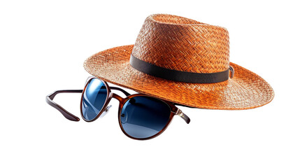 Canvas Print - A stylish straw hat and trendy sunglasses resting on a pristine white background