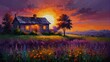 sunset purple theme house landscape garden flowers summer abstract oil pallet knife paint painting on canvas large brush strokes art illustration background from Generative AI