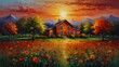 sunset red theme house landscape garden flowers summer abstract oil pallet knife paint painting on canvas large brush strokes art illustration background from Generative AI