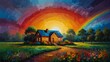 sunset rainbow theme house landscape garden flowers summer abstract oil pallet knife paint painting on canvas large brush strokes art illustration background from Generative AI
