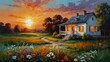sunset white theme house landscape garden flowers summer abstract oil pallet knife paint painting on canvas large brush strokes art illustration background from Generative AI