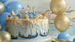 A romantic Venetian getaway themed birthday cake with light blue and gold icing, featuring edible gondolas and canals, next to blue and gold balloons on a solid Venetian sky background.