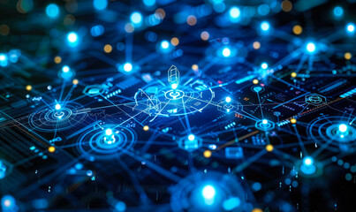 Poster - futuristic network of glowing blue connections, nodes and symbols representing secure health informa