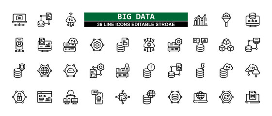 36 Big Data Line Icons Set Pack Editable Stroke Vector Illustration.