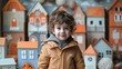 Smiling boy kid playing in a whimsical room decorated with cardboard houses, expressing joy and creativity.