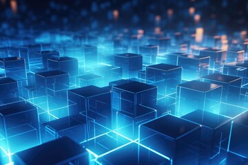 3d square and neon light line dark blue background, blue technology background with glowing cubes 3d rendering toned image 3D rendering, Ai generated