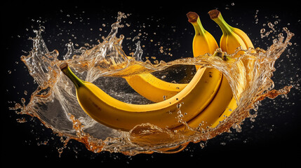 An HDR photo of a banana being sliced and the pieces falling into water, capturing the moment of impact and the energetic splash that follows.