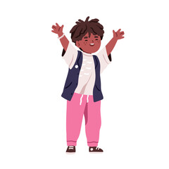 Poster - Happy African-American boy, cheerful excited face expression, arms up. Cute kid celebrating with joy. Joyful funny black child character. Flat vector illustration isolated on white background