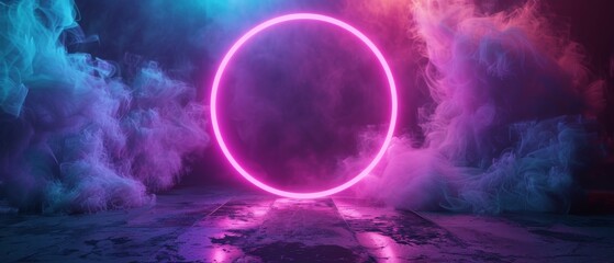 render, round portal, pink neon, virtual reality, circles, energy source, glowing rings, blank space