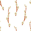 Blooming willow twigs on a white background form a seamless pattern for textiles and wrapping paper. Vector.