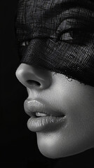 Wall Mural - black and white picture of a beautiful woman with a black blindfold over her eyes 