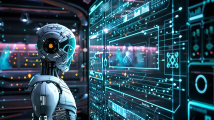 Fototapete - Advanced AI Robot Interacting With Futuristic Interface
