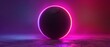 In this 3D render, a vibrant neon light is behind the black ball, creating an abstract background.