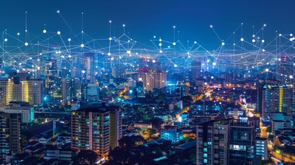 Poster - Illuminated City Night With Digital Network