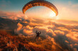 In the sky, a man experiences the thrill of extreme paragliding, soaring amidst the clouds