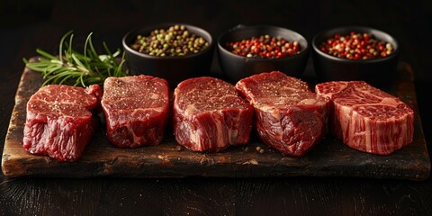 Wall Mural - A juicy piece of raw steak seasoned with spices and rosemary lies on a wooden board