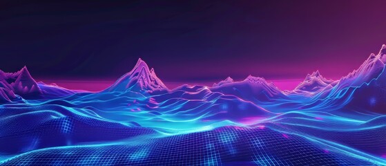Poster - Render, 3D geometric background, virtual reality environment, cyberspace landscape with mountains glowing in neon light.