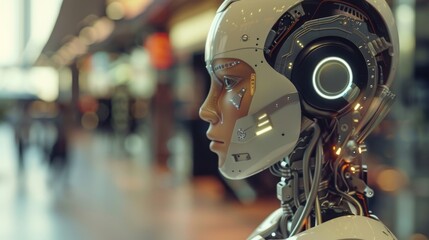 Aufkleber - Robot With Headphones Standing In Front Of Building