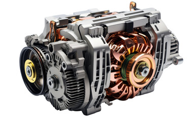 A detailed view of a sleek and powerful motor against a pristine white background