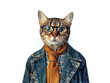 A portrait of the cool looking cat wear in funny clothes with tie and jacket.