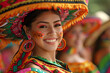 Cinco de Mayo concept - beautiful young Mexican female wearing national costume during outdoor fiesta celebration
