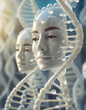 Dna Spirals With Human Faces, Abstract Background, Ai Illustration