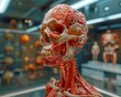 A detailed anatomical model of a human head, showcasing muscles, blood vessels, and inner structures, displayed in a medical exhibition.