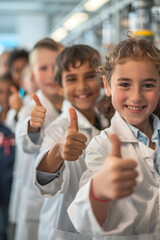 Group of children doing their dream job as Physicists at the laboratory. Concept of Creativity, Happiness, Dream come true and Teamwork.