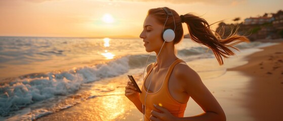Poster - She is wearing a fitness outfit, listening to music on headphones, using her smartphone, watching the sunrise on the sea, with a perfect slim body, healthy living lifestyle, summer, smiling, happy,