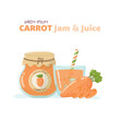 Healthy food banner with a jam jar, carrot, slices and glass with ices