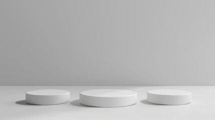 Poster - Three dimensional rendering, minimal white background, freestyle style, floating futuristic platform, levitating discs. Copy space, blank premium mockup, cylinder podium, pedestal.